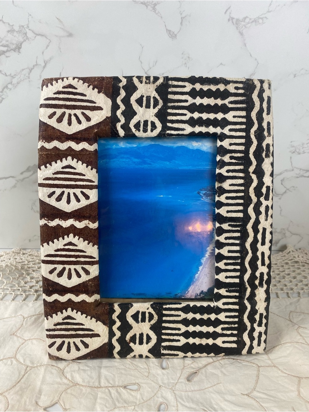 Hawaiian Tapa Tribal Pattern Photo Frame in Brown and White 5x7 handmade